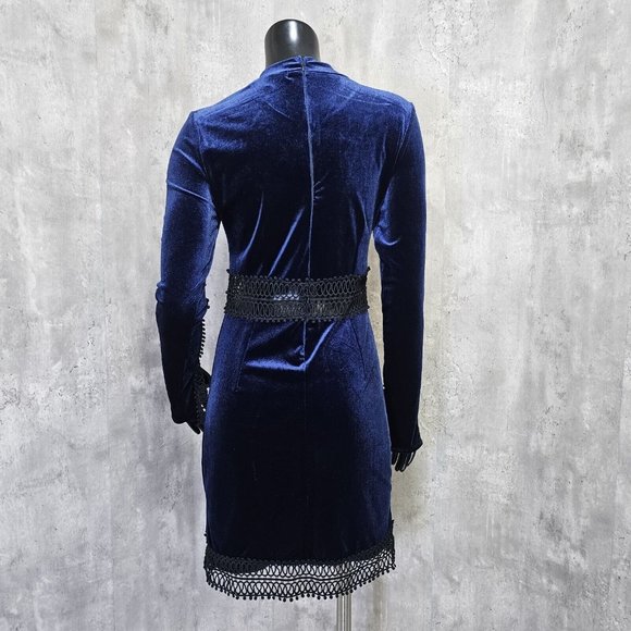 Free Generation LA Womens M Blue Velvet & Black Peekaboo L/S Mockneck Mini Dress - Picture 7 of 9